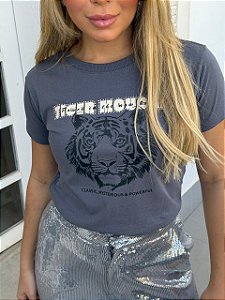 TSHIRT FEMININA ALGODÃO  TIGER STRASS / CHUMBO