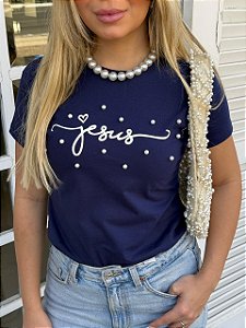 TSHIRT FEMININA ALGODÃO  JESUS PÉROLAS / AZUL MARINHO