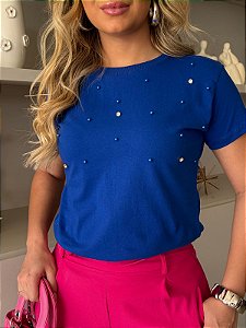 TSHIRT FEMININA ALGODÃO LUXO PEROLAS TOTAL / AZUL BIC