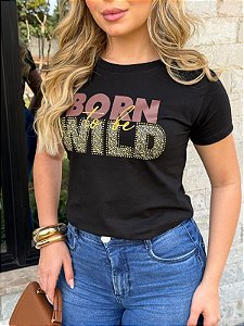 TSHIRT FEMININA ALGODÃO BORN WILD ONCINHA / PRETA