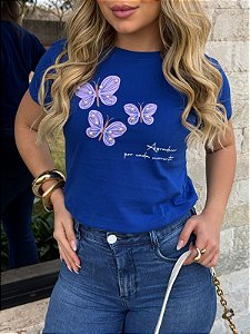 TSHIRT FEMININA ALGODÃO  AGRADECER BORBOLETA PEROLAS / AZUL BIC