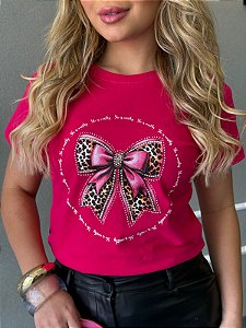 TSHIRT FEMININA ALGODÃO LAÇO STRASS / PINK