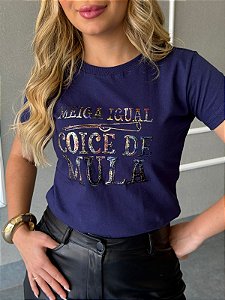 TSHIRT FEMININA ALGODÃO MEIGA IGUAL COICE DE MULA / AZUL MARINHO