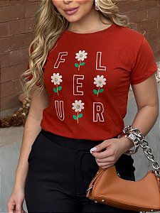 TSHIRT FEMININA ALGODÃO FLOUER COM APLICAÇÃO / TERRA COTA