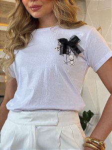 TSHIRT FEMININA ALGODÃO LAÇO E URSINHO / BRANCA
