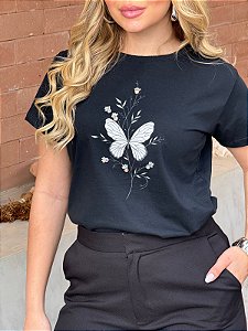 TSHIRT FEMININA ALGODÃO CORAÇÃO BORBOLETAS PONTO DE LUZ / PRETA