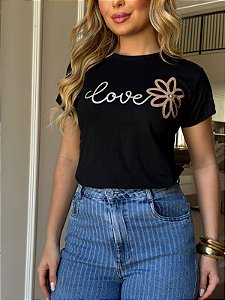 TSHIRT FEMININA ALGODÃO  LOVE COM APLICAÇÃO / PRETA