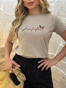 TSHIRT FEMININA ALGODÃO BORDADA GRATIDÃO / NUDE