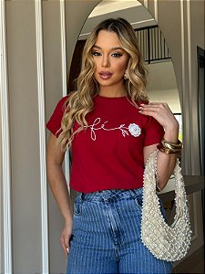 TSHIRT FEMININA ALGODÃO FÉ COM APLICAÇÃO / VERMELHA