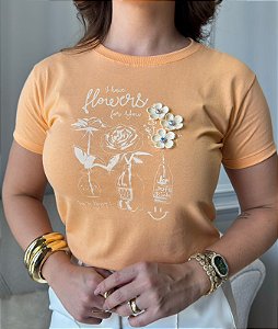 TSHIRT FEMININA ALGODÃO CANDY FLOWERS PONTO DE LUZ / LARANJA
