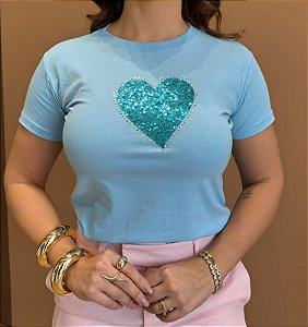 TSHIRT FEMININA ALGODÃO CANDY CORAÇÃO LANTEJOULA / AZUL