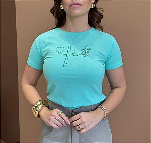 TSHIRT FEMININA ALGODÃO CANDY FÉ COM PONTOS DE LUZ / VERDE AGUA