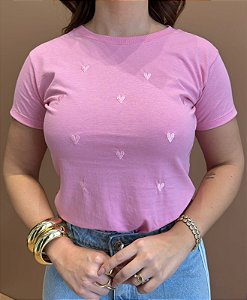 TSHIRT FEMININA ALGODÃO CANDY BORDADOS CORAÇÕES / ROSA