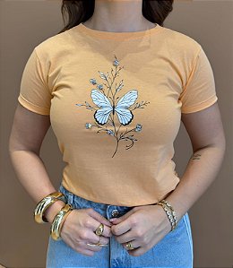 TSHIRT FEMININA ALGODÃO CANDY BORBOLETA E RAMO / LARANJA