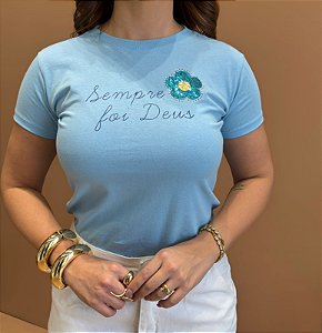TSHIRT FEMININA ALGODÃO CANDY SEMPRE FOI DEUS / AZUL