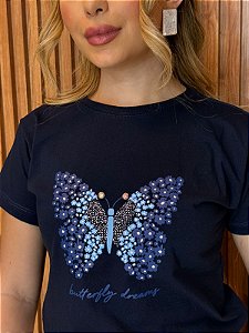 TSHIRT FEMININA ALGODÃO BORBOLETA / AZUL MARINHO