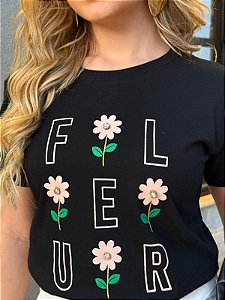 TSHIRT FEMININA ALGODÃO FLOWER COM APLICAÇÃO / PRETA