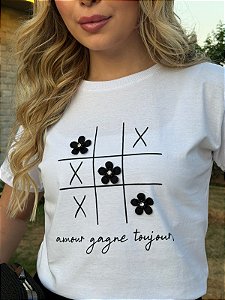 TSHIRT FEMININA ALGODÃO JOGO DA VELHA / BRANCA