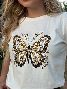 TSHIRT FEMININA ALGODÃO BORBOLETA PEROLAS / OFFWHITE