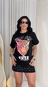 MAX TSHIRT FEMININA ALGODÃO ONÇA COM RAIO / PRETA