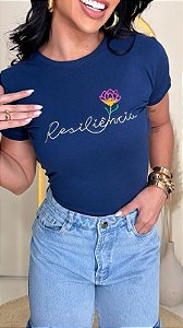 TSHIRT FEMININA ALGODÃO BORDADO RESILIENCIA / MARINHO