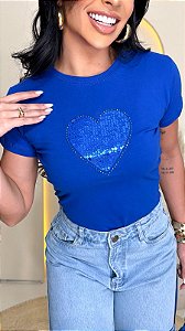 TSHIRT FEMININA ALGODÃO CORAÇÃO LANTEJOULA / AZUL BIC