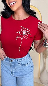 TSHIRT FEMININA ALGODÃO FLOR RAMO PEROLAS / VERMELHA