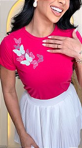 TSHIRT FEMININA ALGODÃO BORBOLETA APLICAÇÃO / PINK