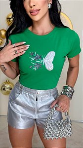 TSHIRT FEMININA ALGODÃO BORDADA BORBOLETA / VERDE