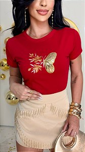 TSHIRT FEMININA ALGODÃO BORBOLETA BORDADA / VERMELHA