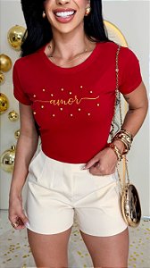 TSHIRT FEMININA ALGODÃO AMOR PÉROLAS / VERMELHA