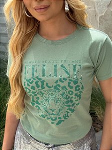 TSHIRT FEMININA ALGODÃO FELINE STRASS / VERDE MENTA