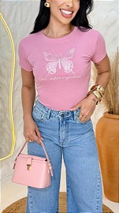 TSHIRT FEMININA ALGODÃO BORBOLETA APLICAÇÃO / ROSA BEBE