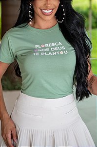 TSHIRT FEMININA ALGODÃO FLORESCA AONDE DEUS TE PLANTOU /VERDE MENTA