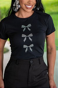 TSHIRT FEMININA ALGODÃO 3 LAÇOS STRASS / PRETA