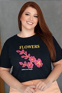 TSHIRT PLUS SIZE FEMININA APLICAÇÃO FLOR LANTEJOULA / PRETA