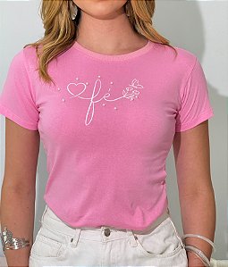 TSHIRT FEMININA ALGODÃO FÉ PÉROLAS / ROSA BEBE