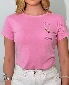 TSHIRT FEMININA ALGODÃO LOVE MINIMALISTA / ROSA BEBE