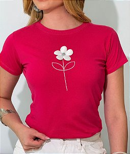 TSHIRT FEMININA ALGODÃO APLICAÇÃO FLOR / PINK