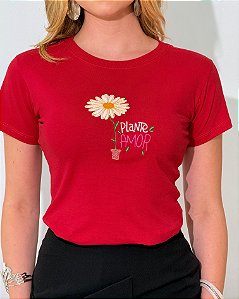 TSHIRT FEMININA ALGODÃO BORDADA PLANTE AMOR / VERMELHA