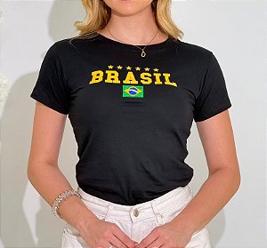 TSHIRT FEMININA ALGODÃO BRASIL BORDADA BANDEIRA / PRETA