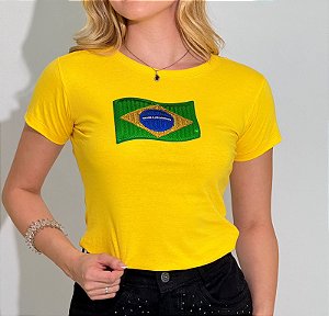TSHIRT FEMININA ALGODÃO BANDEIRA BRASIL LANTEJOULA / AMARELA