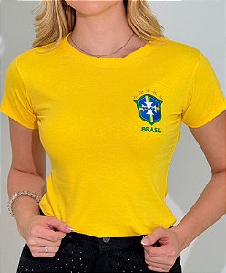 TSHIRT FEMININA ALGODÃO BRASIL BRASÃO / AMARELA