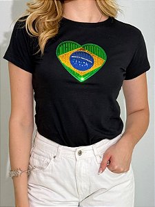 TSHIRT FEMININA ALGODÃO CORAÇÃO LANTEJOULA / PRETA