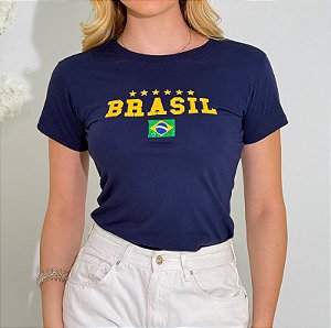 TSHIRT FEMININA ALGODÃO BRASIL BANDEIRINHA / AZUL MARINHO