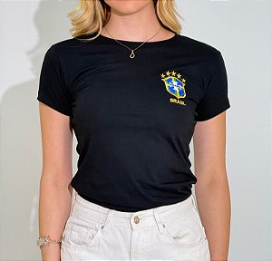 TSHIRT FEMININA ALGODÃO BRASIL BRASÃO / PRETA