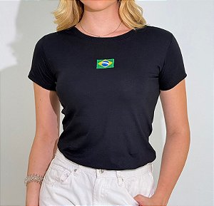 TSHIRT FEMININA ALGODÃO BORDADA BANDEIRINHA / PRETA