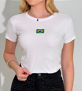 TSHIRT FEMININA ALGODÃO BORDADA BANDEIRINHA / BRANCA
