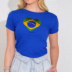 TSHIRT FEMININA ALGODÃO CORAÇÃO BRASIL LANTEJOULA / AZUL