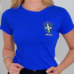 TSHIRT FEMININA ALGODÃO BRASIL BRASÃO / AZUL BIC